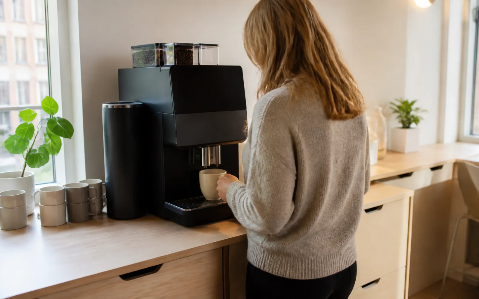 En person brygger kaffe ur en kaffemaskin på en bänk i ett kontorskök