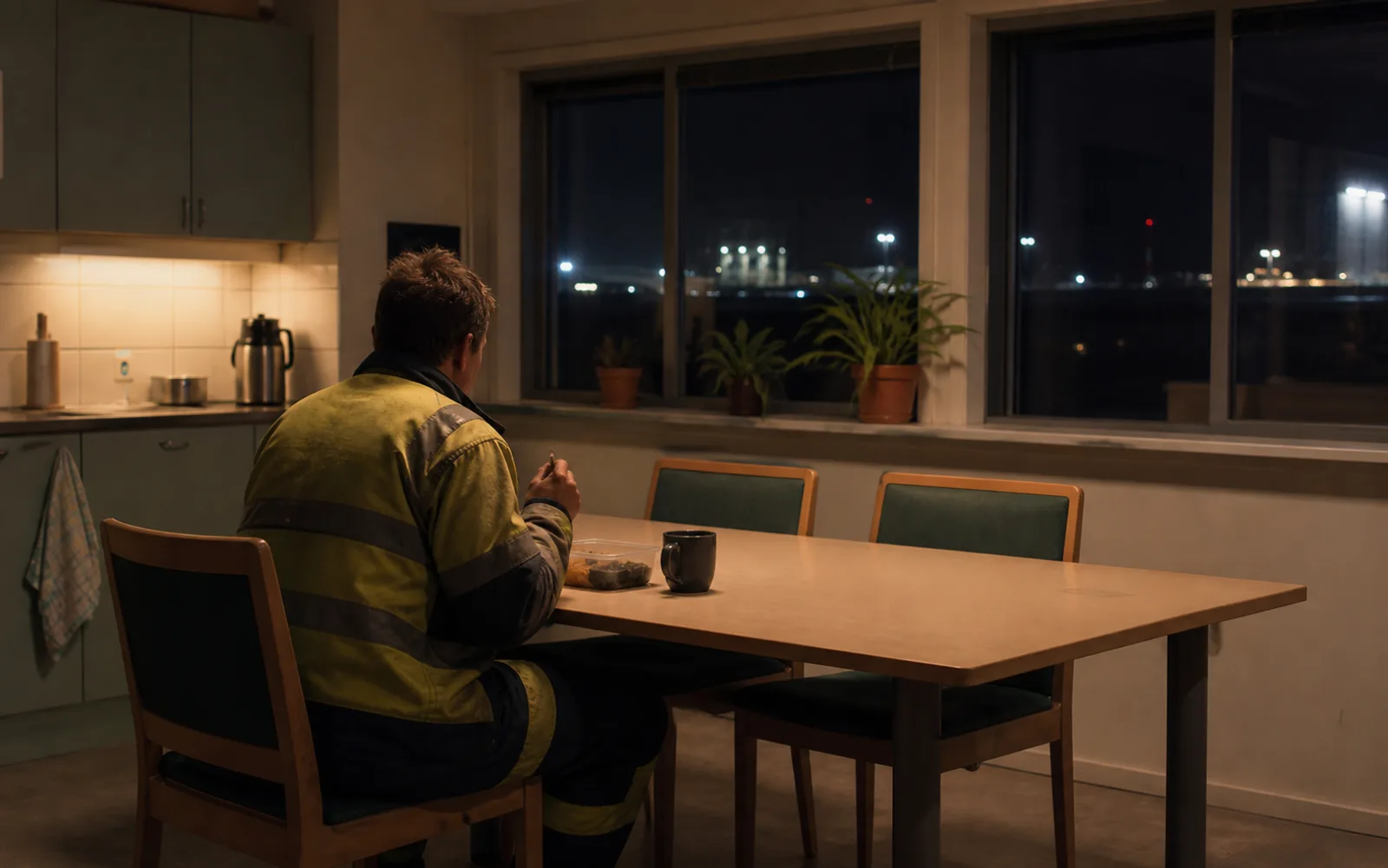 En ensam nattarbetare äter matlåda vid ett bord med mörka fönster bakom