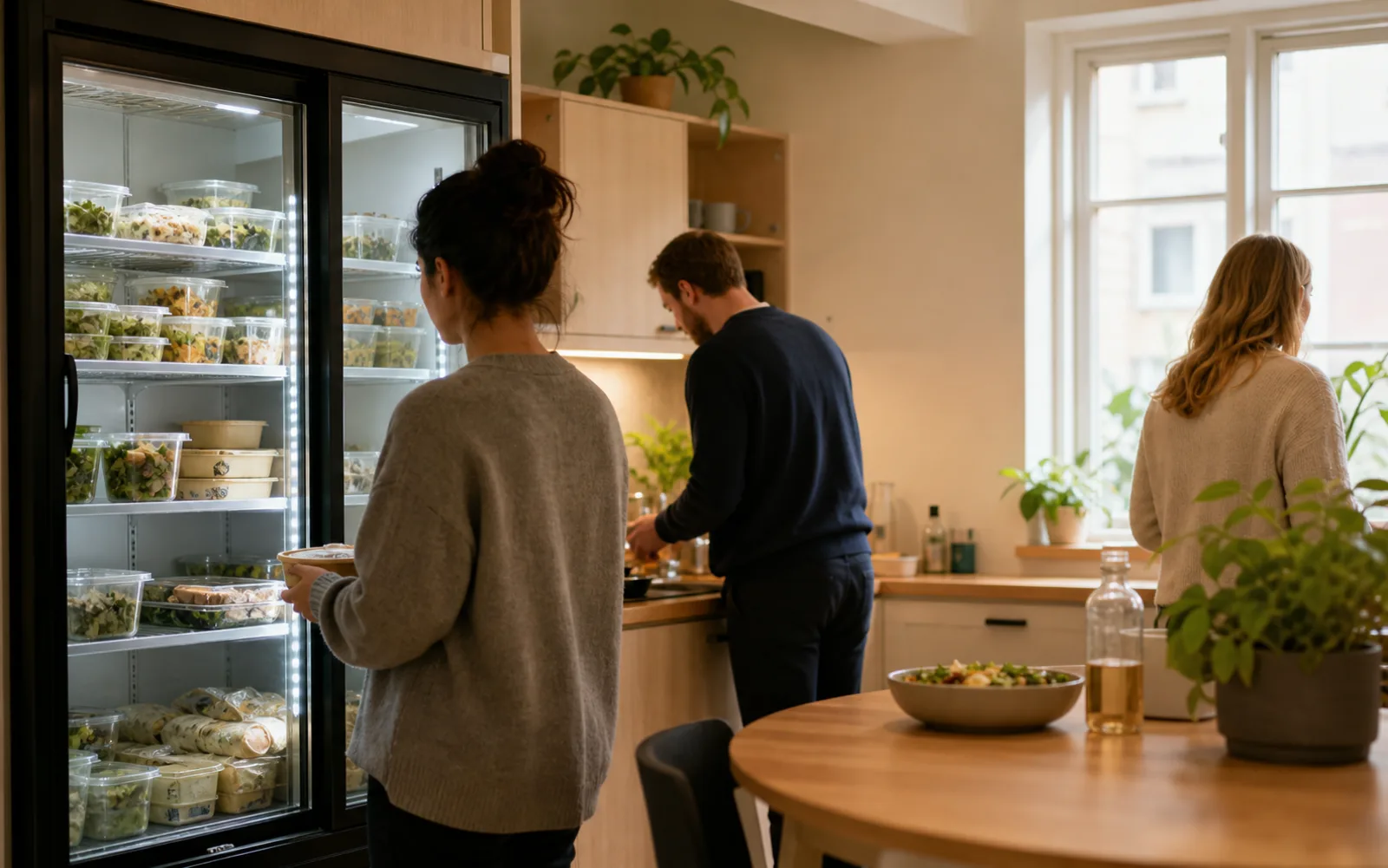 Ett kylskåp med färdiglagade rätter i ett pentry, en person tar ut en portion